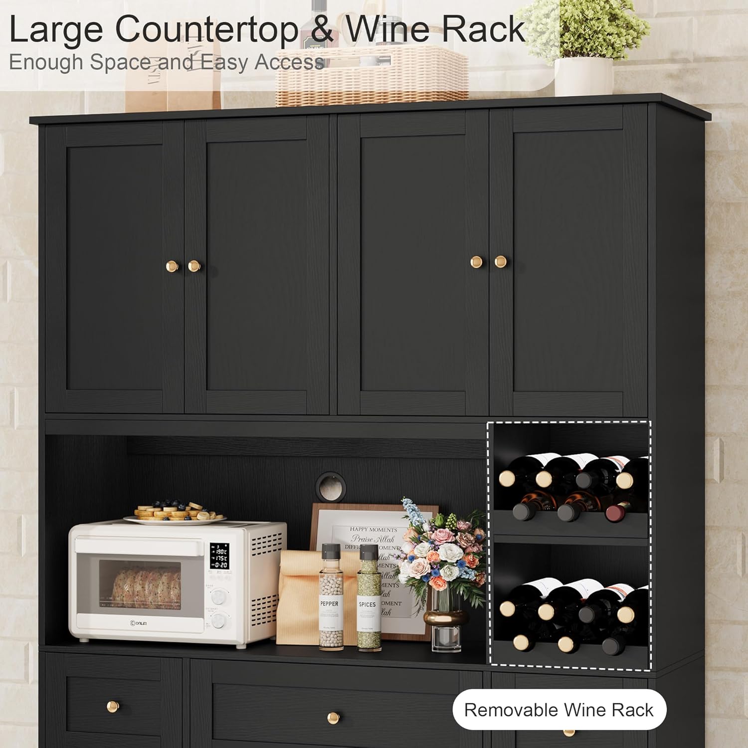 BOTLOG 72" Tall Black Pantry Cabinet with Wine Rack, Microwave Stand | Kitchen Hutch with 8 Doors and 3 Drawers for Dining Room Kitchen, Home Bar Black