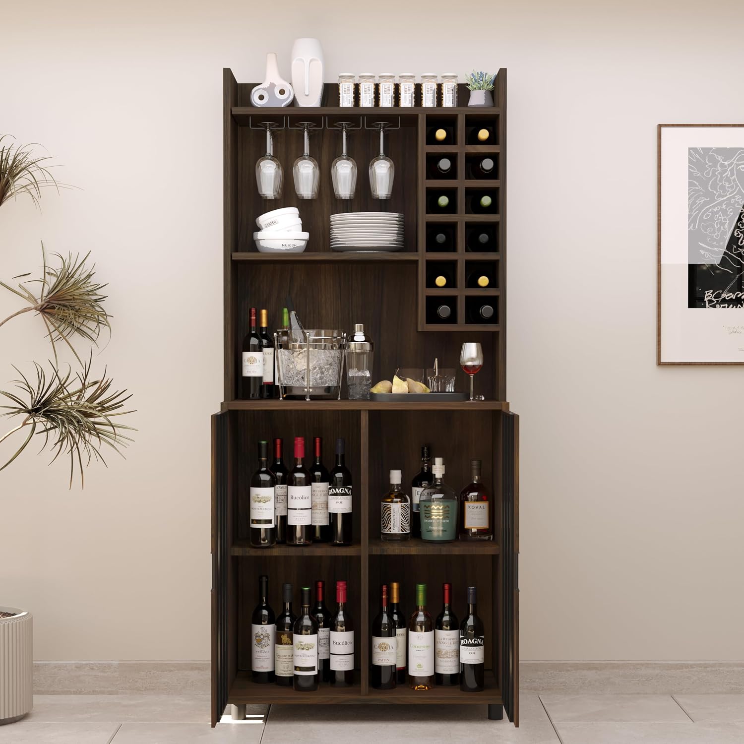 71" Kitchen Pantry Cabinet with 12 Wine Bottle Racks, Kitchen Hutch Food Pantry with Microwave Stand, Storage Cabinet with Doors and Shelves