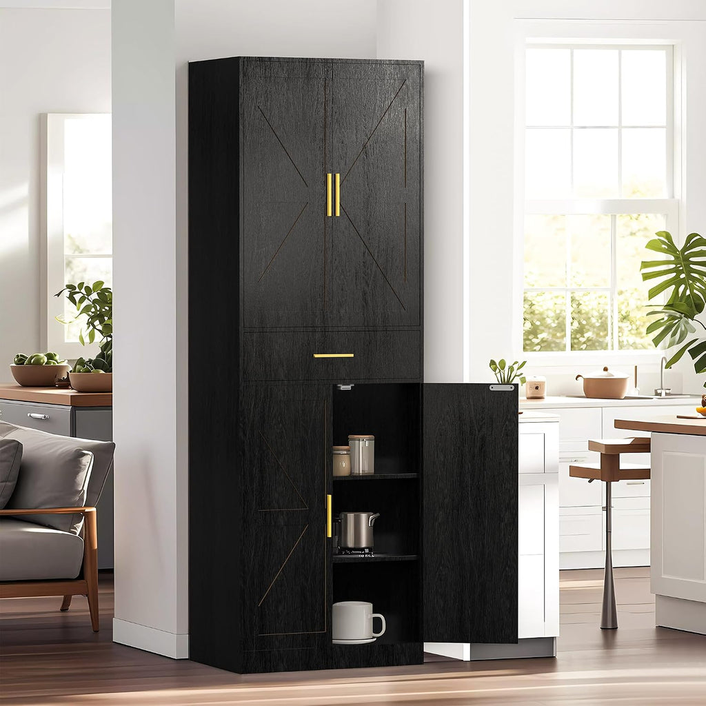 71" Tall Kitchen Pantry Storage Cabinet with 4 Doors & Drawer, Adjustable Shelves, Farmhouse Cupboard, Freestanding Cabinet with Door Shelves for Dining Room/Living Space, Black