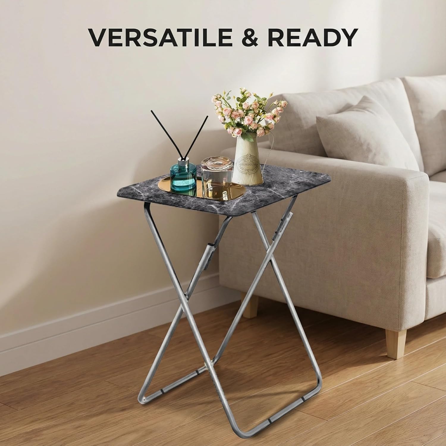 Tv Trays Folding Tv Table, Dinner Table for Eating with Sturdy Metal Frame, Small Foldable Snack Trays Table for Living Room, Couch,Sofa, Bed, No Assembly Required (Black Marble)