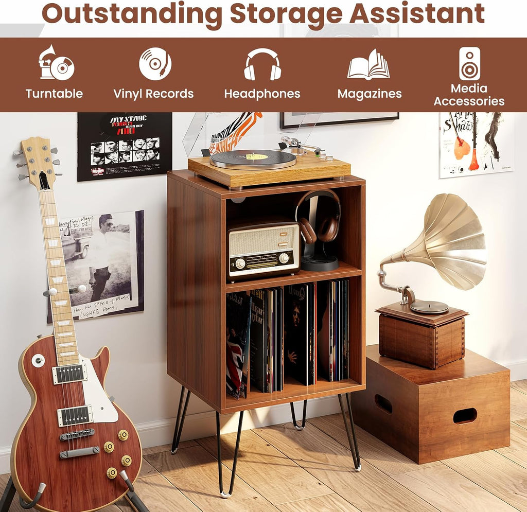 LOKO Record Player Stand with Charging Station, Turntable Stand with Vinyl Storage & USB Ports, Farmhouse Vinyl Record Storage Cabinet for Living Room, Bedroom, Music Room, Holds Up to 150 Albums
