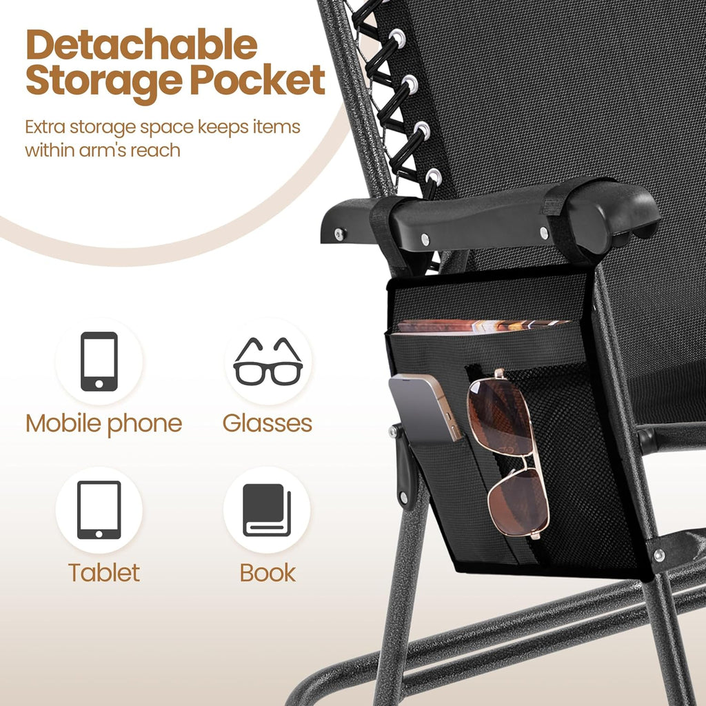 Yaheetech 26in Rocking Chair Outdoor Zero Gravity Folding Chairs Rocking Chairs Foldable Outdoor Reclining Lounge Chair for Outside Lawn with Cupholder/Pillow Ergonomic Design for Rest, Black