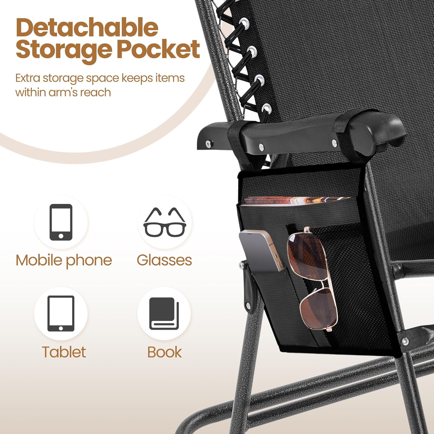 Yaheetech 26in Rocking Chair Outdoor Zero Gravity Folding Chairs Rocking Chairs Foldable Outdoor Reclining Lounge Chair for Outside Lawn with Cupholder/Pillow Ergonomic Design for Rest, Black