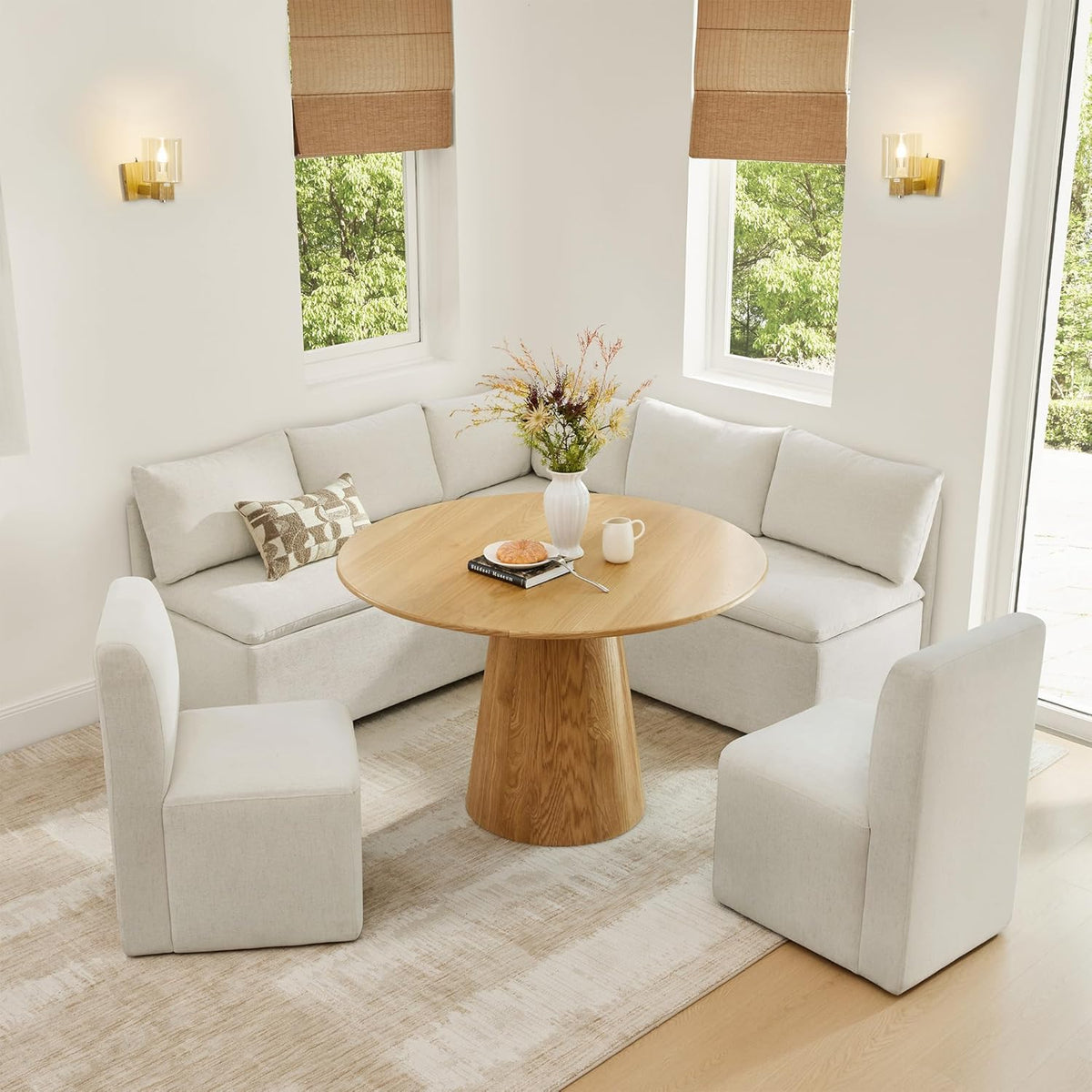 CHITA Breakfast Nook Bench with Storage, Upholstered Dining Bench with Back, Corner Kitchen & Dining Banquette Seating Nook, Dining Settee, L Shaped 4 Seats, Fabric in Linen