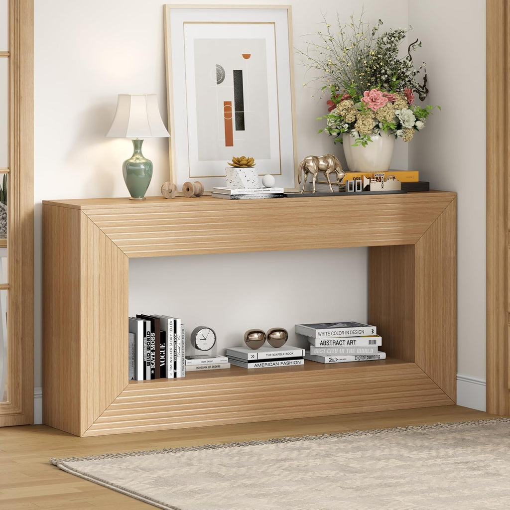 Gyfimoie 55" Console Table, 2-Tier Farmhouse Sofa Table with Storage Behind Couch, Narrow Rectangular Entryway Table for Living Room, Hallway, Entrance, Foyer, Natural