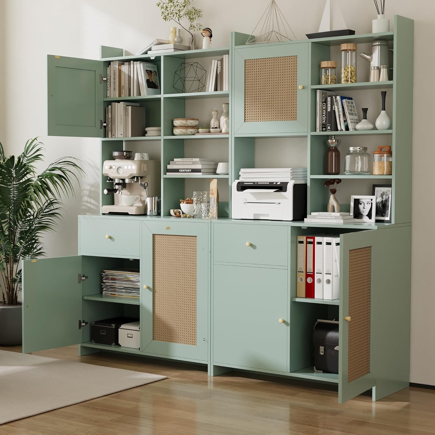 71'' Tall Kitchen Pantry Storage Cabinet, Kitchen Hutch Bar Cabinet with Microwave Stand, Farmhouse Buffet Cabinet w/Drawer, 3 Adjustable Shelf & 3 Rattan Doors for Kitchen, Dining Room (Green)