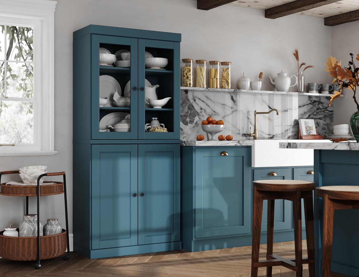 Palace Imports 100% Solid Wood Kitchen Pantry w/ 2 Glass & 2 Wood Doors, Teal Blue, 32" w x 71.5" h, Renewable Eco-Friendly Pine, Made in Brazil