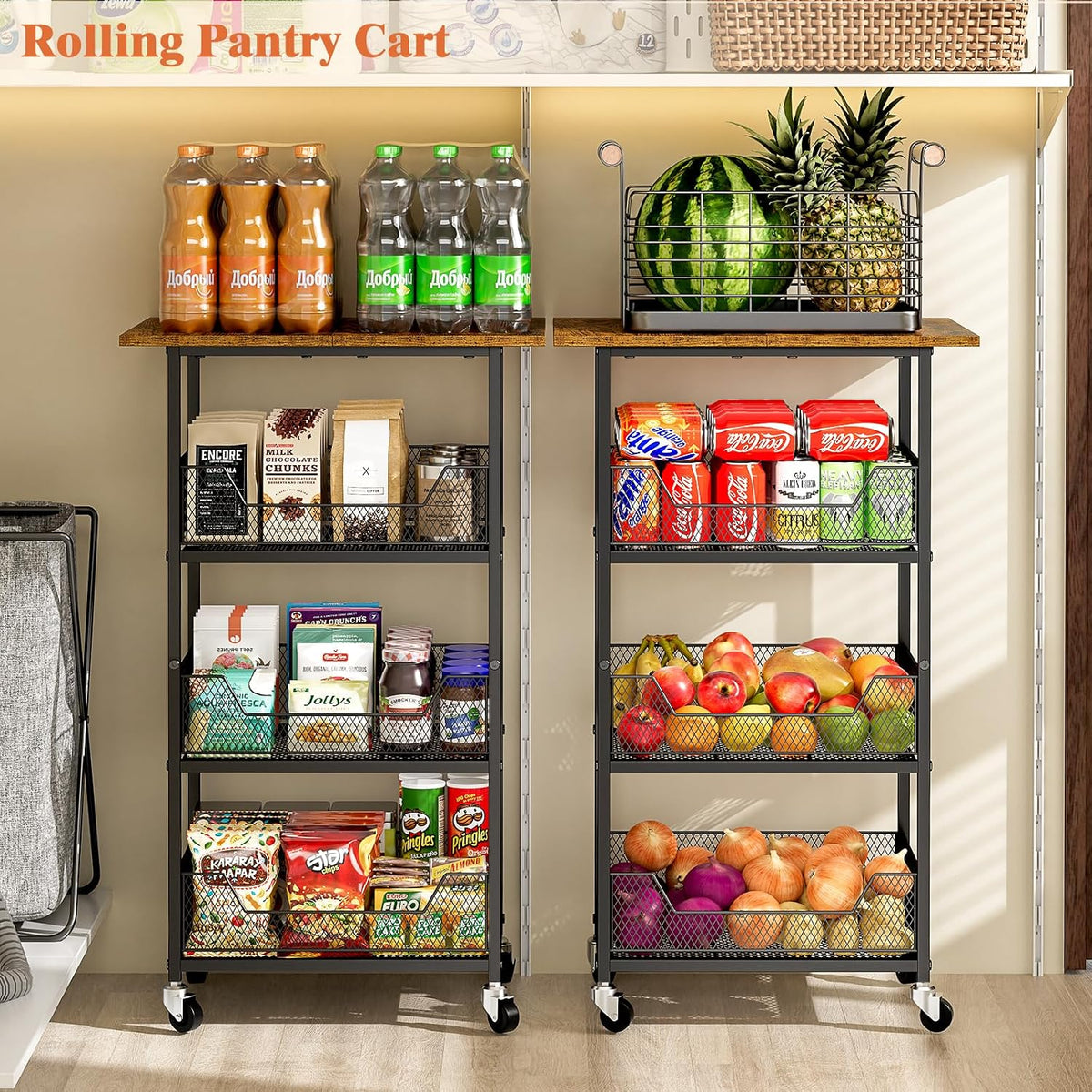 ThreeHio Rolling Kitchen Microwave Cart with Fruit Baskets, 4 Tier Microwave Table Stand with Storage, Kitchen Storge Shelf on Wheels Small Rolling Cart Organizer Rack for Pantry, Living Room
