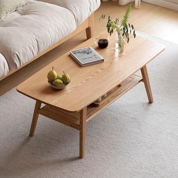 100% Solid Wood Coffee Table for Living Room, 47.24" Mid Century Modern Tables with Shelf Storage, 2-Tier Coffee Table with Rounded Corners (Oak Wood Log Color, 47.24" L)
