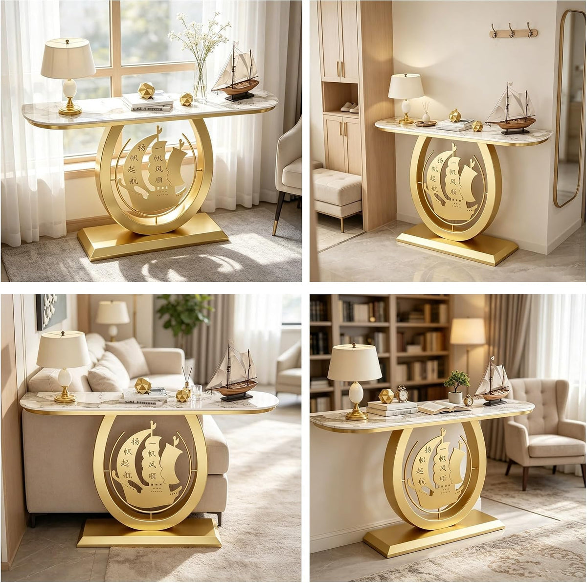 Zfmnoyev Long Accent Stone Top Narrow Console Table | Modern Half-Moon Accent Display Furniture, Narrow Sofa Tables for Foyer Living Room Hallway(Gold-C,100x30x80cm)