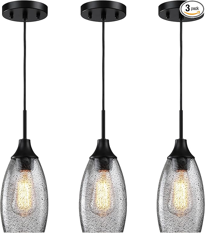 Mini Glass Pendant Light,4.72" Black Glass Hanging Light 3-Pack Handblown Clear Black Seeded Shade Adjustable Cord Ceiling Light Fixture for Kitchen Island Sink