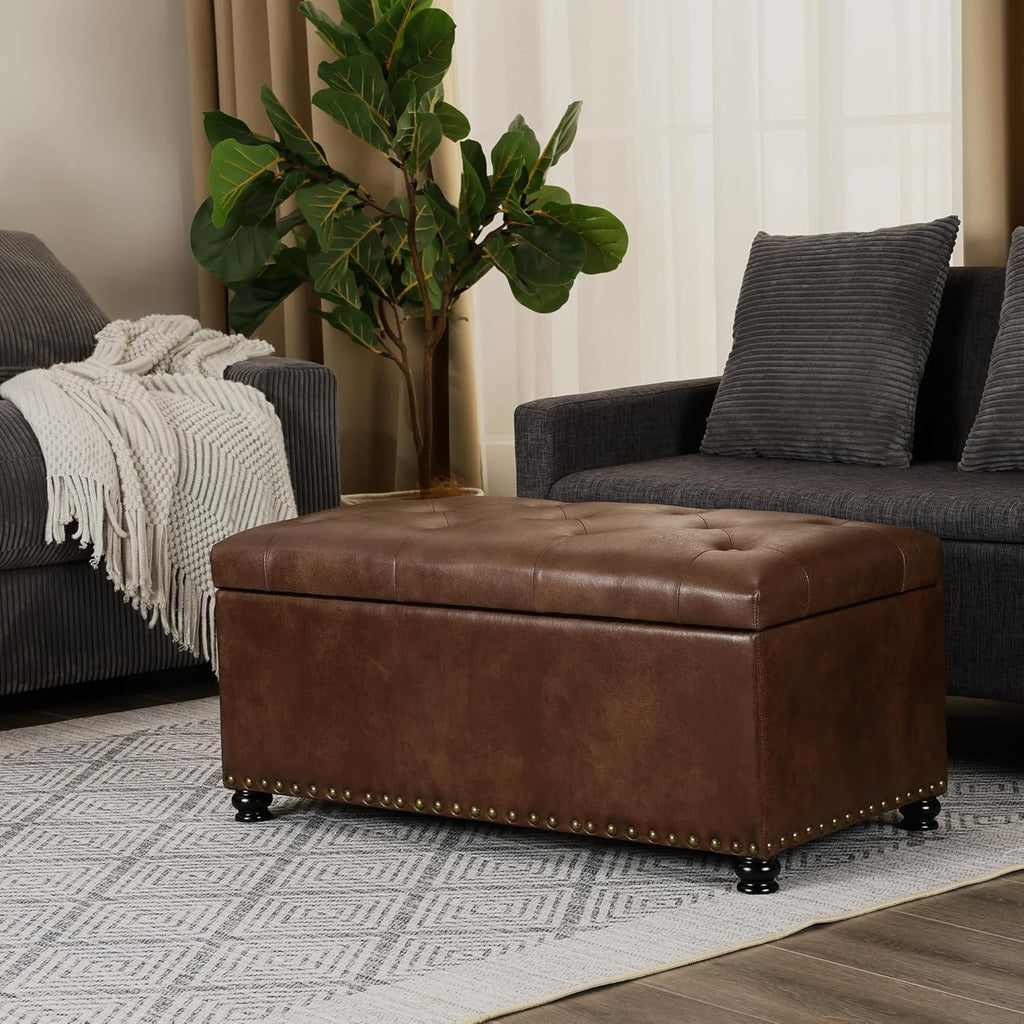 Asense Storage Ottoman Bench, Faux Leather Ottoman with Storage for Living Room Bedroom, Multi-Functional Storage Chest Foot Rest, Upholstered Bench for End of Bed, Entryway, 35.4" W