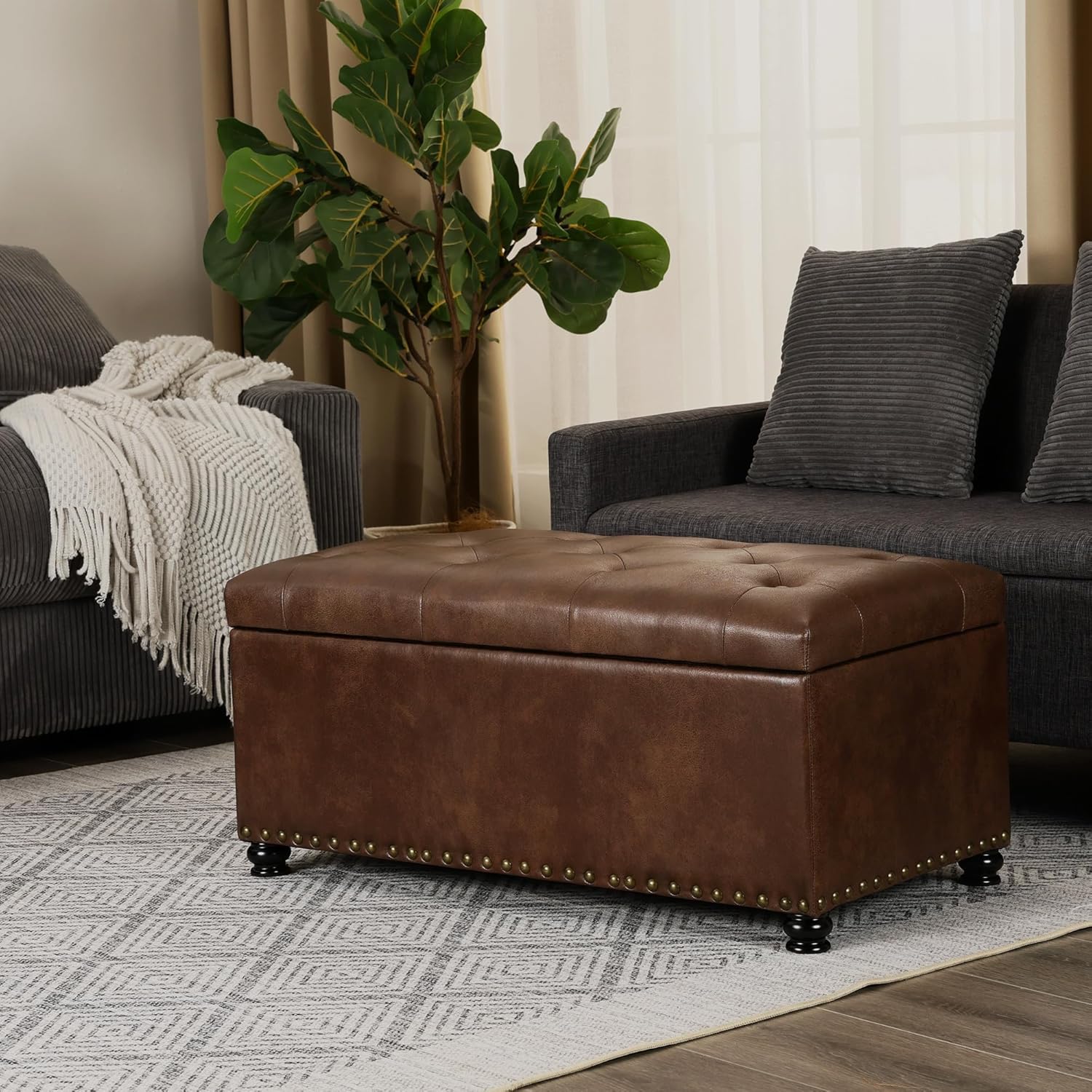 Asense Storage Ottoman Bench, Faux Leather Ottoman with Storage for Living Room Bedroom, Multi-Functional Storage Chest Foot Rest, Upholstered Bench for End of Bed, Entryway, 35.4" W