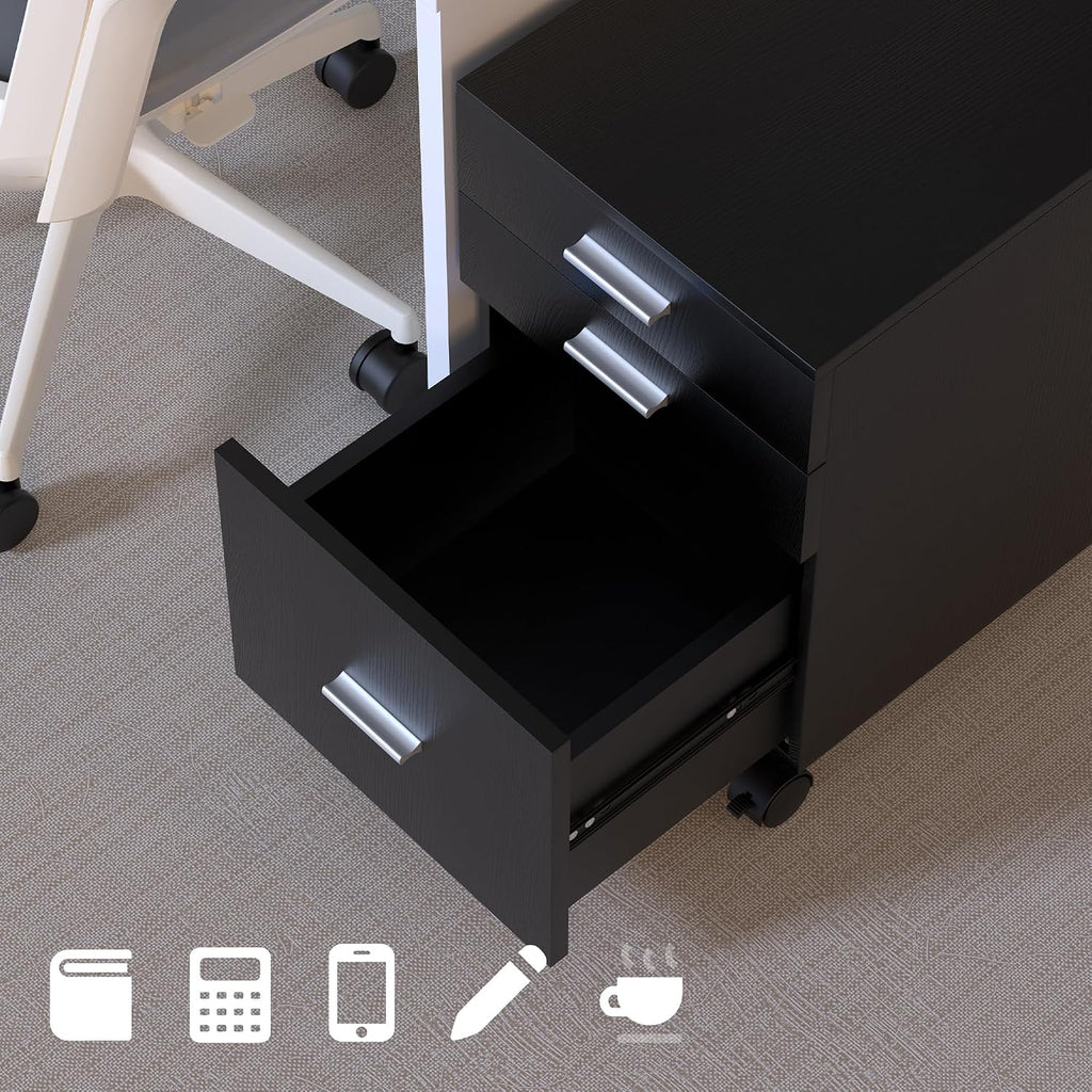 3 Drawer Storage Cabinet,Preassembled Black Wooden Organizer for Files,Under Desk Printer Stand,Mobile on Wheels,19" L x 16" W x 22" H