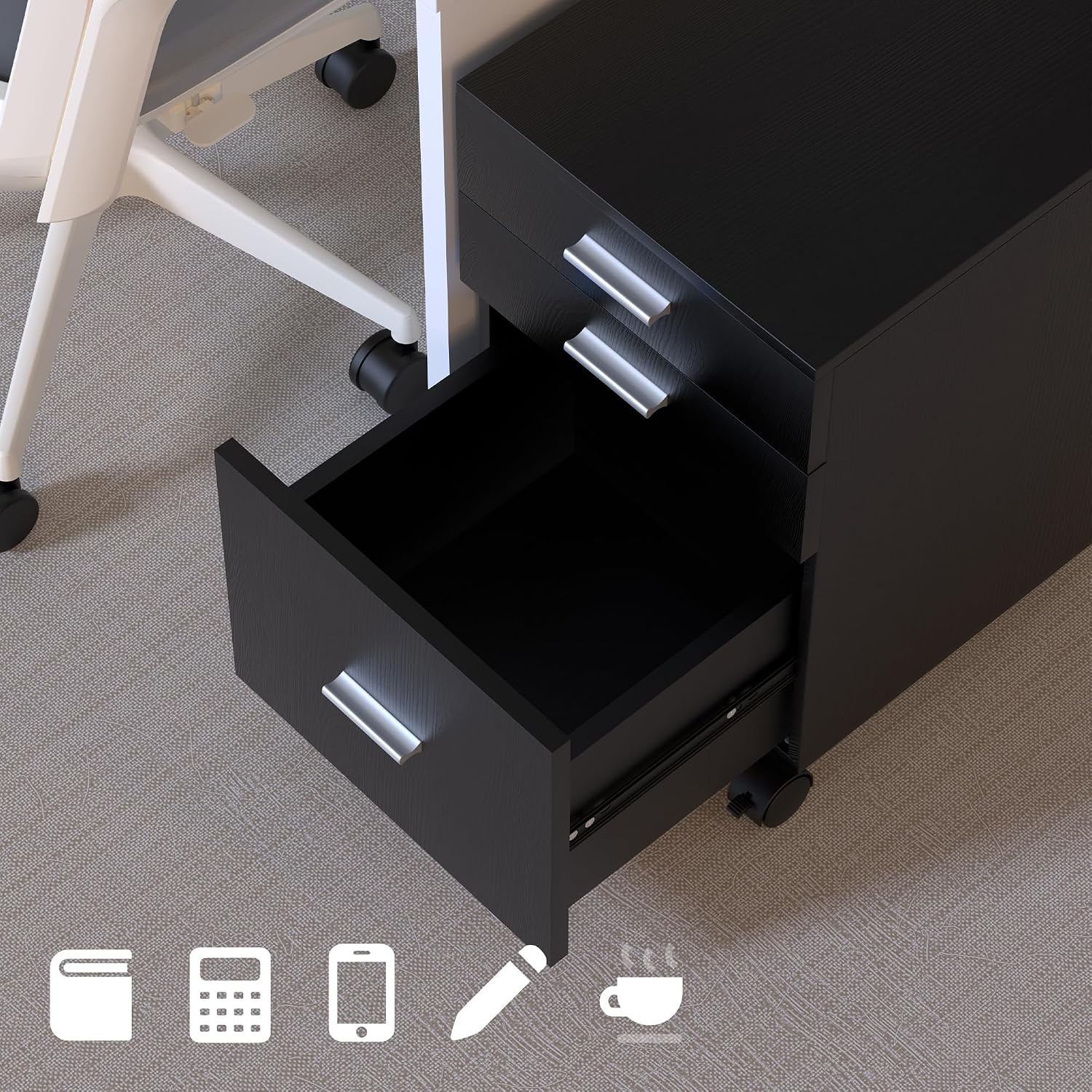 3 Drawer Storage Cabinet,Preassembled Black Wooden Organizer for Files,Under Desk Printer Stand,Mobile on Wheels,19" L x 16" W x 22" H
