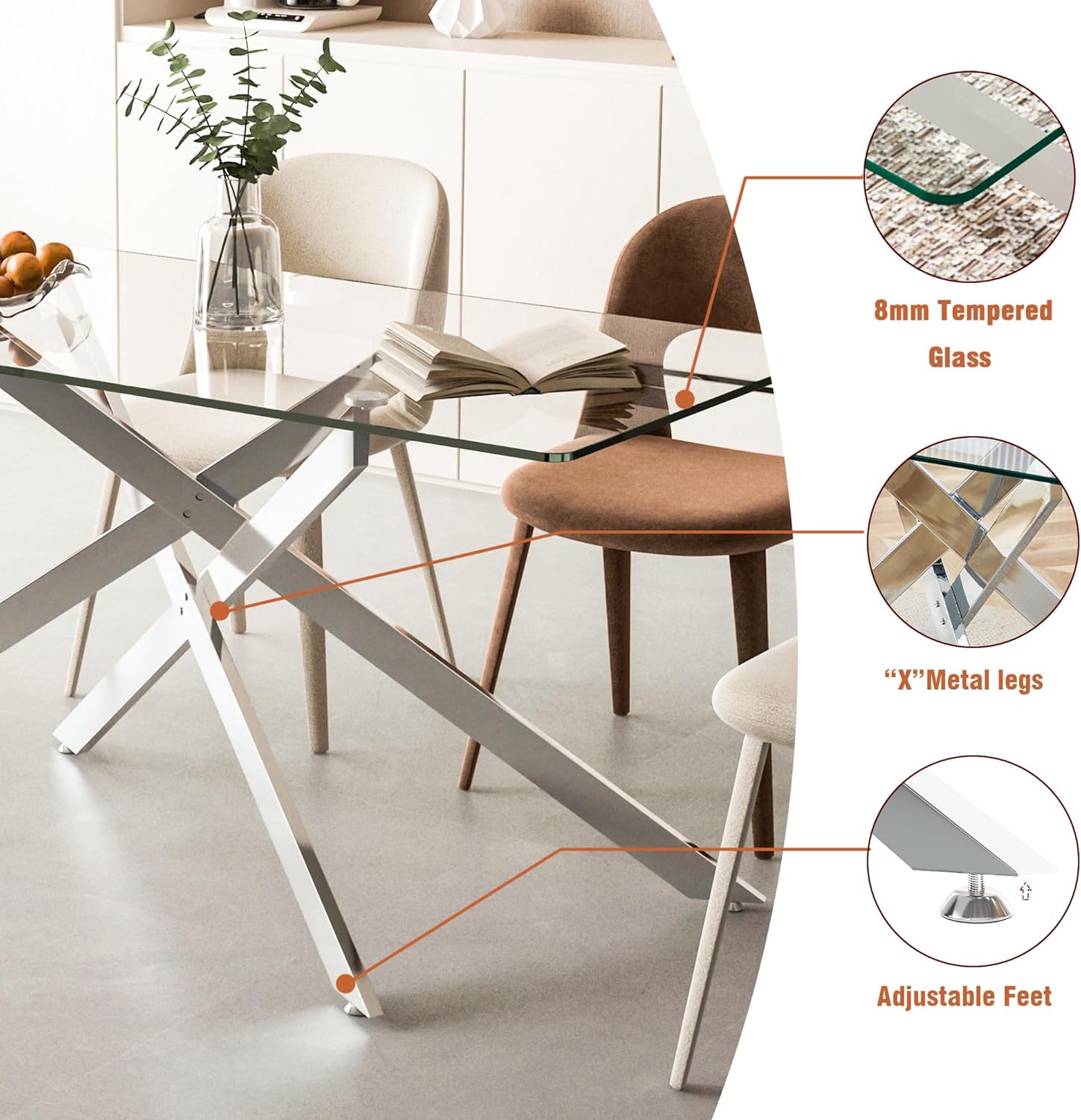 SSLine Modern 5-Piece Glass Dining Table Set for 4 Luxury Rectangle Glass Kitchen Table and Chair Set for 4, 61" Long Dining Room Tables with 4 Gray Tufted Chairs for Kitchen Home Office