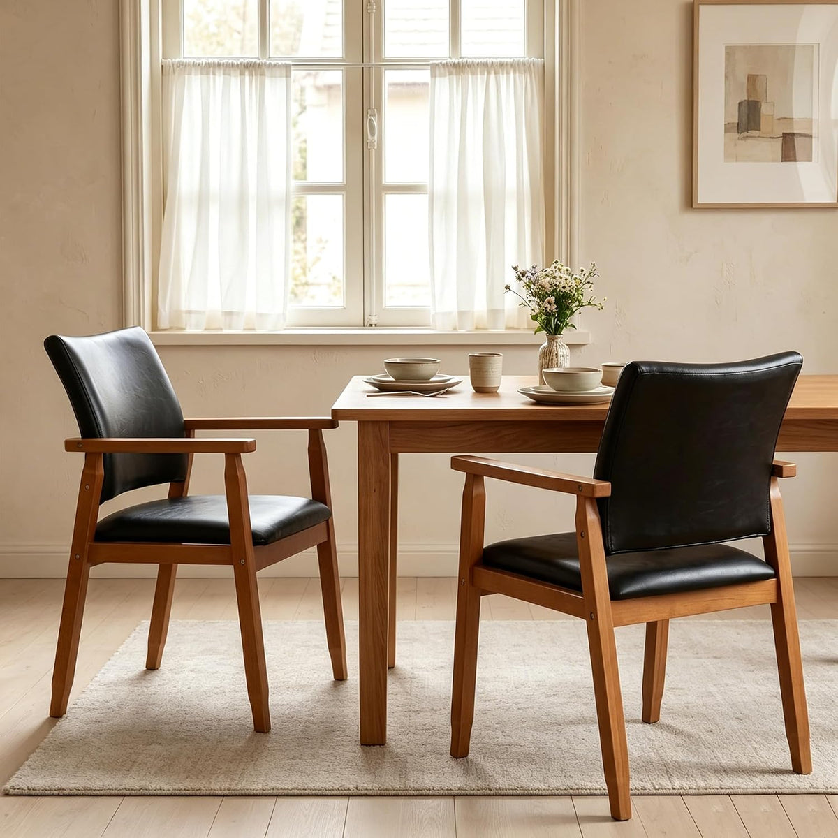 GOTMINSI Mid-Century Modern PU Leather Dining Chair with Arms, Solid Wood Frame, 320 lbs Weight Capacity, Upholstered Accent Chair for Kitchen Dining Room Living Room (Black,1pcs)