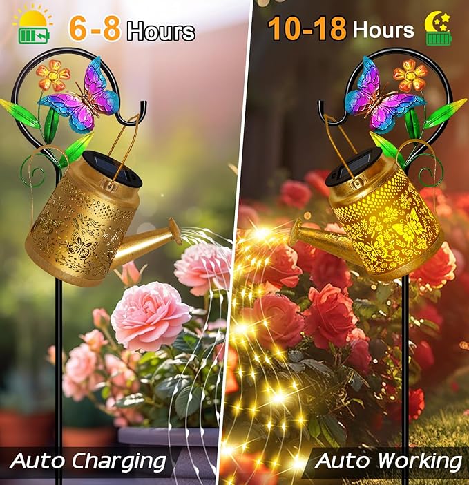 Butterfly Solar Watering Can Lights, Outdoor Waterproof Garden Lanterns with Shepherd Hook, Solar Garden Decor for Yard Outdoor Landscape Pathway Porch Patio, Gift for Women Mom Grandma, 2 Pack