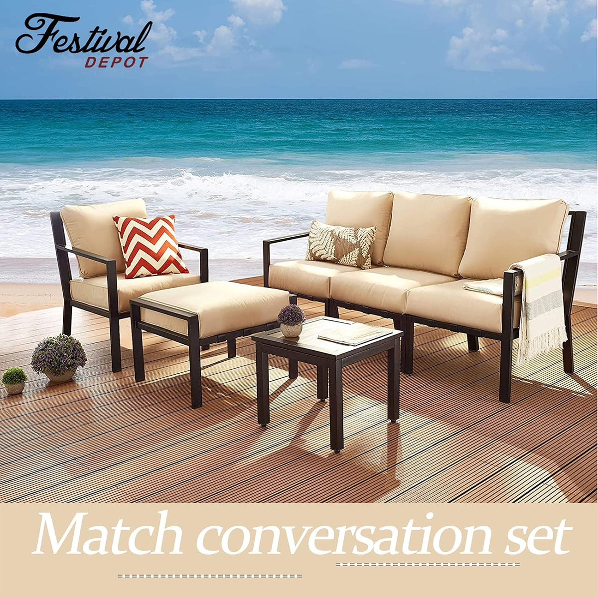 Festival Depot Outdoor Ottoman Patio Footstool with Cushion Small Seat Metal Furniture for Garden Yard Deck, Beige