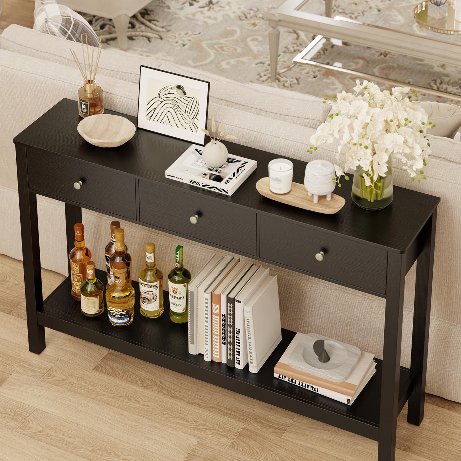 Gizoon 3 Drawer Wooden Sofa Table with Open Shelf | Modern Accent Console Table with Large Storage Space, for Living Room, Front Hall, Entrance Hall, Study Room, Black