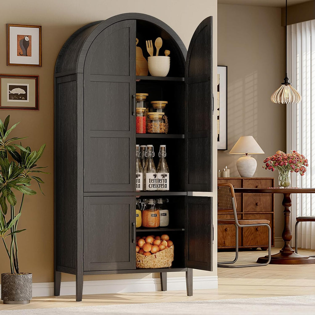 ONBRILL 71" Tall Wooden Arched Cabinet, 5-Tier Arched Kitchen Pantry Cabinet with Doors & Shelves, Farmhouse Kitchen Arch Cabinets with Adjustable Feet, Wooden Pantry Storage for Dining Room(Black)