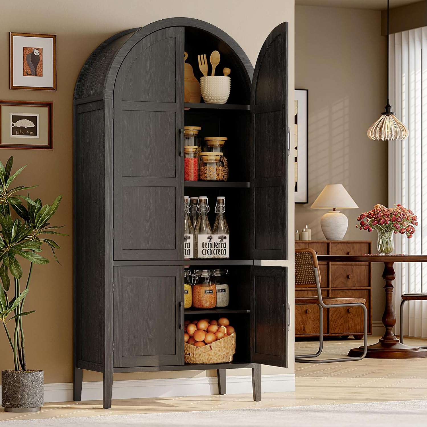 ONBRILL 71" Tall Wooden Arched Cabinet, 5-Tier Arched Kitchen Pantry Cabinet with Doors & Shelves, Farmhouse Kitchen Arch Cabinets with Adjustable Feet, Wooden Pantry Storage for Dining Room(Black)