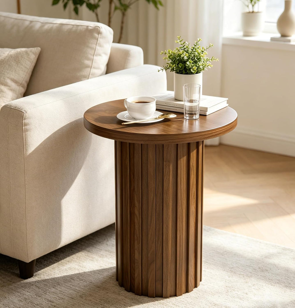 Fsbecl Farmhouse Pedestal End Table Round Side Table with Fluted Panel Rustic Drink Table for Small Space Living Room (Walnut)