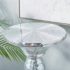 Deco 79 Polystone Round Pedestal Table with Mosaic Mirror Inlay, 14" x 14" x 36", Silver