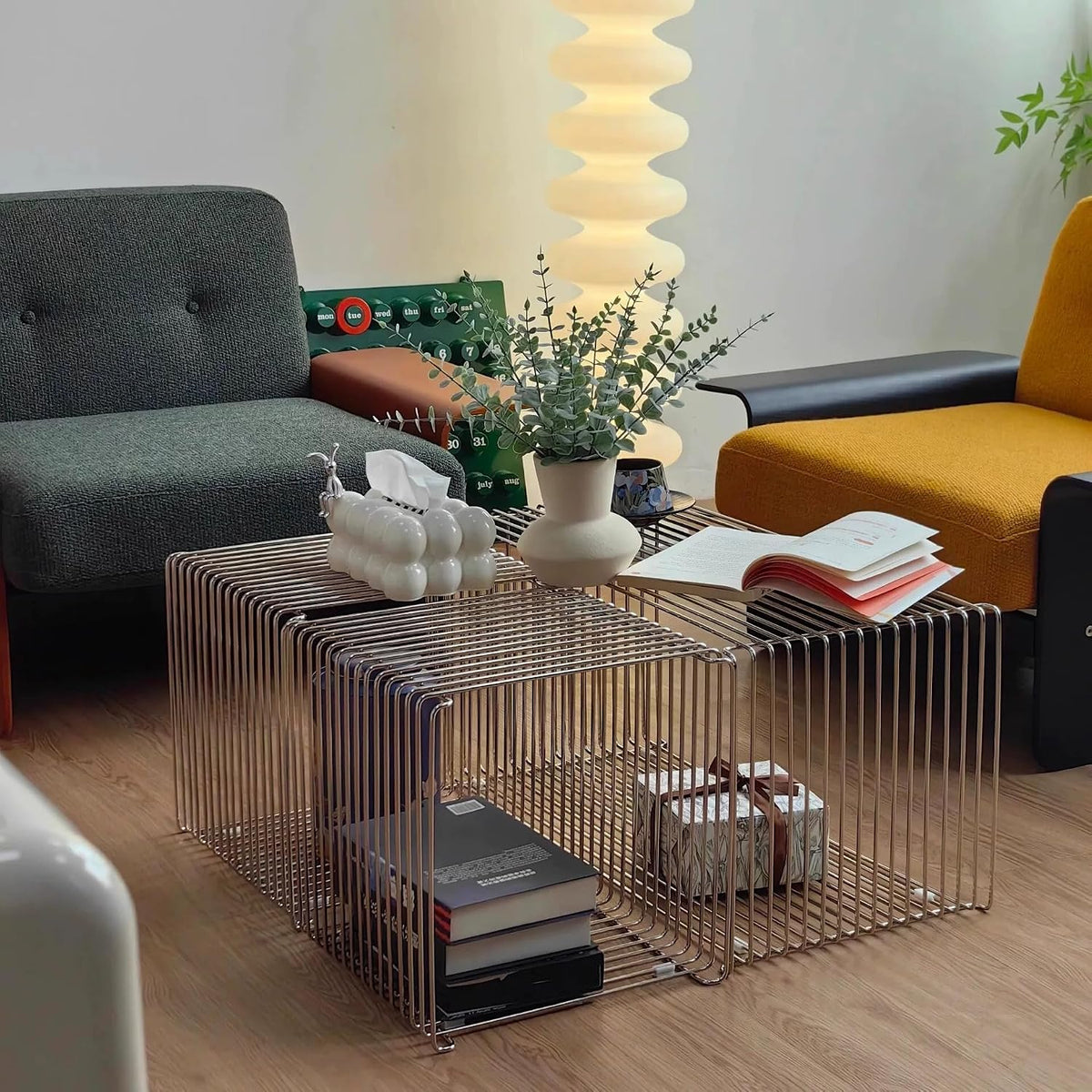 304 Stainless Steel Side Table,Square Geometry Retro Side Table Linear Metal End Table,Wire Cube Storage Rack, Book Stackable, Stainless Steel Coffee Table，Multi-Purpose Accent Table