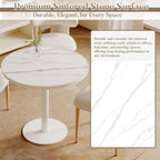 31.5'' Tulip Table, Round Pedestal Dining Table with Sintered Stone Tabletop, White Aluminum Alloy Edge & Base, Bistro Table for 2-4 Person for Kitchen/Cafe/Small Spaces/Restaurant (Snow Peak Marble)