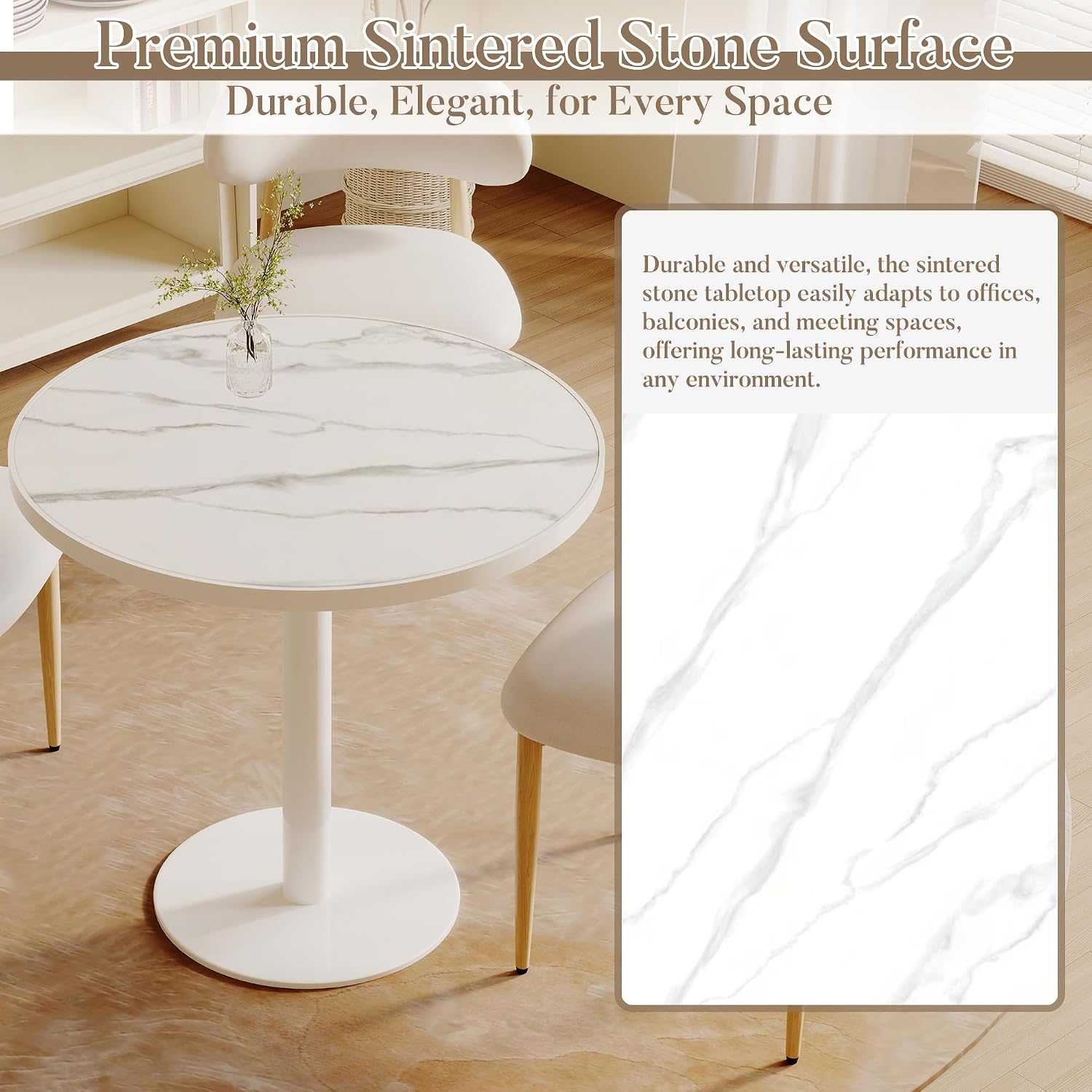 31.5'' Tulip Table, Round Pedestal Dining Table with Sintered Stone Tabletop, White Aluminum Alloy Edge & Base, Bistro Table for 2-4 Person for Kitchen/Cafe/Small Spaces/Restaurant (Snow Peak Marble)