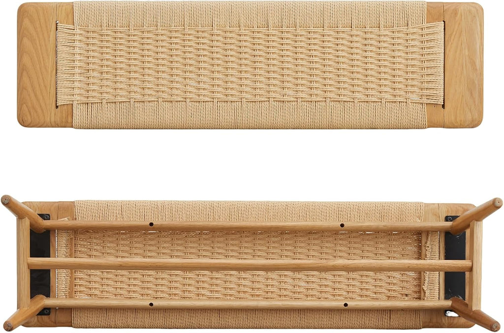 47 Inch Boho Dining Bench Solid Oak with Hand Woven Rattan - Skinny Narrow Bench for Entryway, End of Bed Bench for King Bed, Modern Farmhouse Natural Wicker Hallway Seating
