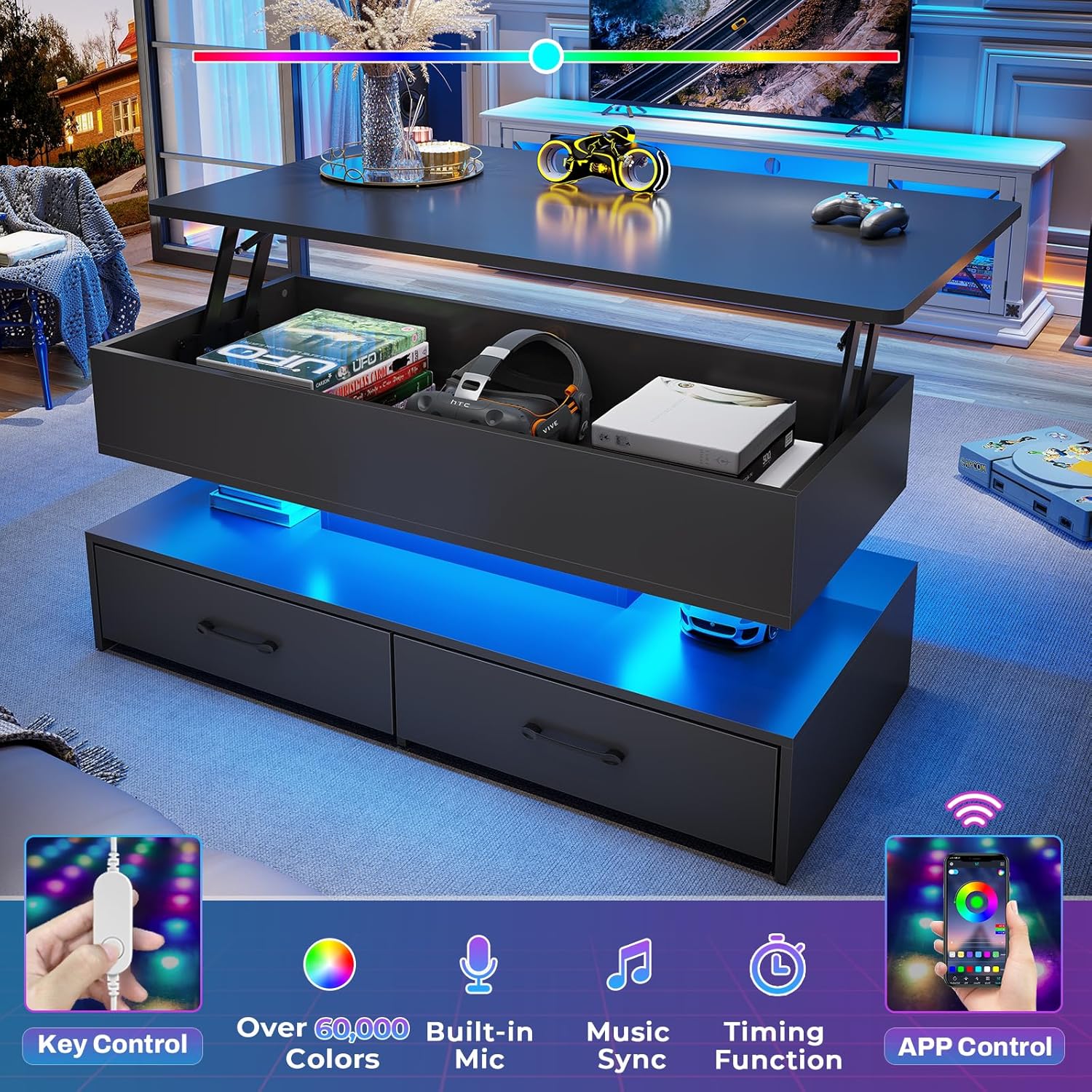 SEDETA 40" Lift Top Coffee Table, Coffee Tables with Storage for Living Room, Small Coffee Table with 2 Drawers & LED Light for Dining Reception Room, Black