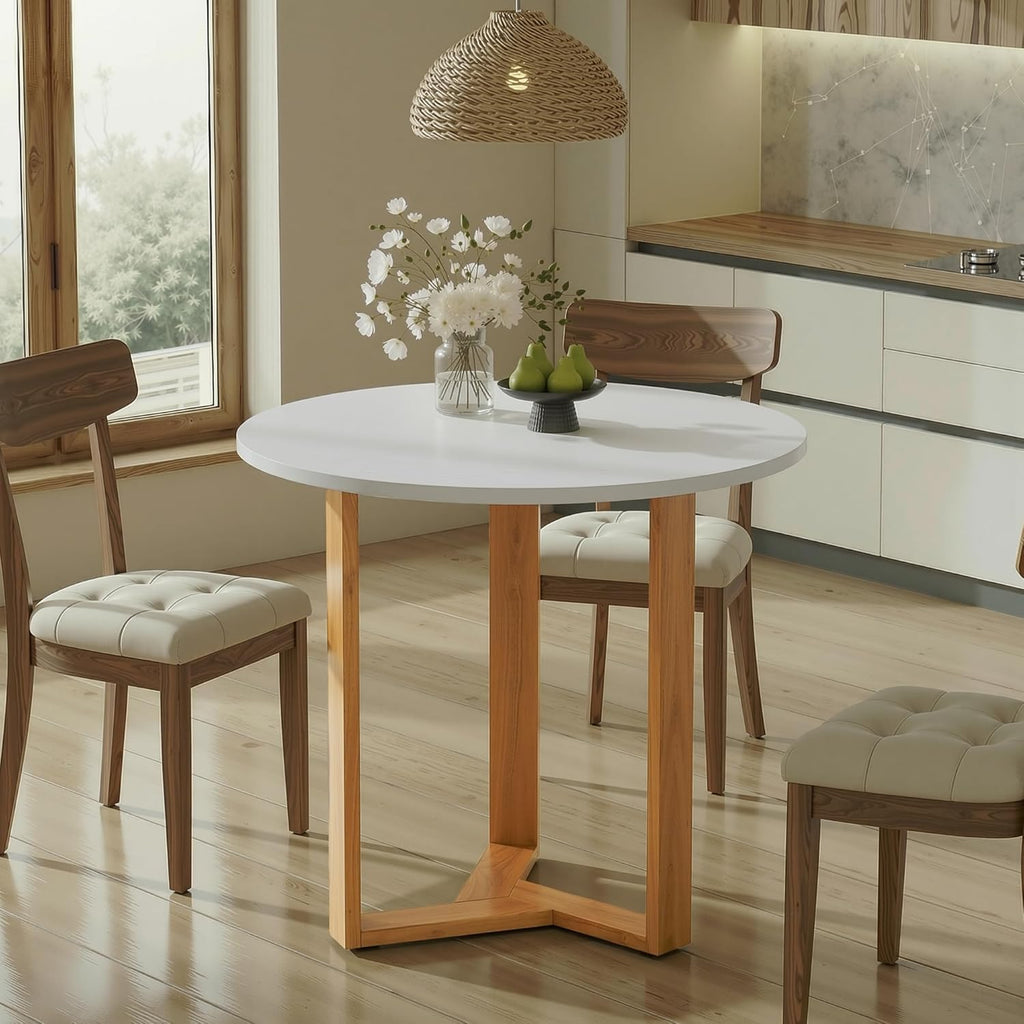 SIMTONAL 31.5" Round Dining Table, Space-Saving Small Dining Table for 2-4 People with Wood Grain Tabletop and Geometric Pedestal Base, Modern Farmhouse Table for Small Spaces, Apartment,White