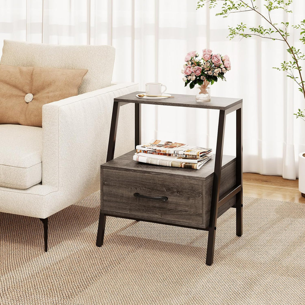 Giantex Farmhouse Nightstand with Drawer and Open Shelf, 2-Tier Bedside Table with Metal Frame, Stable End Table for Bedroom or Living Room, Rustic Gray