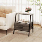 Giantex Farmhouse Nightstand with Drawer and Open Shelf, 2-Tier Bedside Table with Metal Frame, Stable End Table for Bedroom or Living Room, Rustic Gray