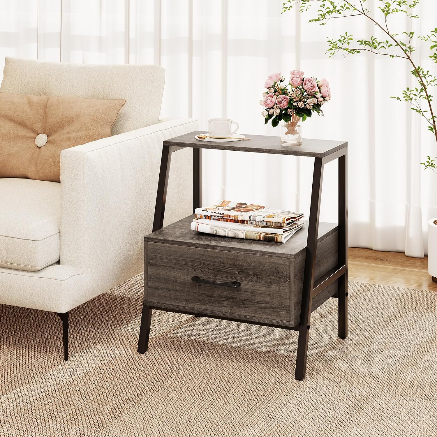 Giantex Farmhouse Nightstand with Drawer and Open Shelf, 2-Tier Bedside Table with Metal Frame, Stable End Table for Bedroom or Living Room, Rustic Gray