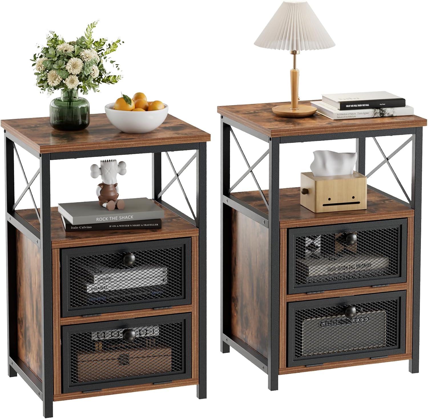 VECELO End Side Table, Modern Night Stand with Storage Space and Door, Set of 2 Nightstands for Living Room,Bedroom,Lounge, Brown