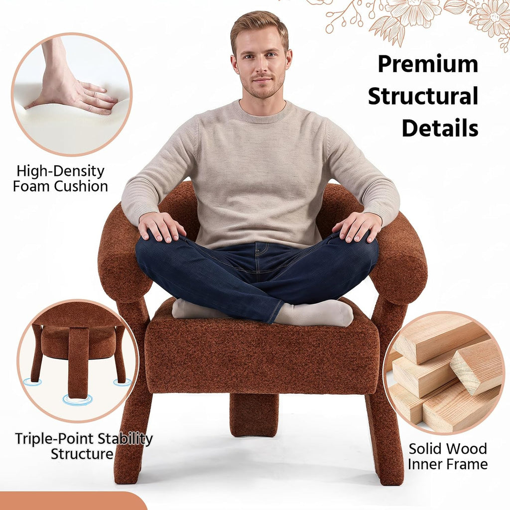 ANJ Modern Chenille Accent Chair, Barrel Armchair with Solid Wood Legs & Curved Backrest, Modern Arm Chair with Upholstered Fabric for Living Room & Vanity Room, Orange