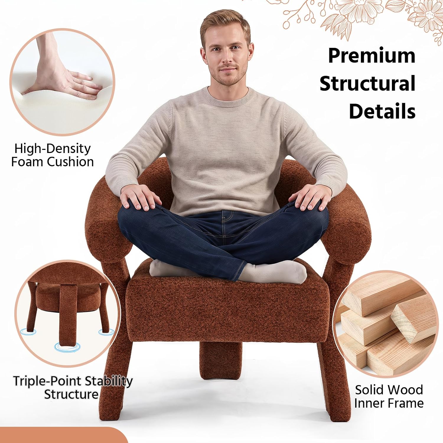 ANJ Modern Chenille Accent Chair, Barrel Armchair with Solid Wood Legs & Curved Backrest, Modern Arm Chair with Upholstered Fabric for Living Room & Vanity Room, Orange