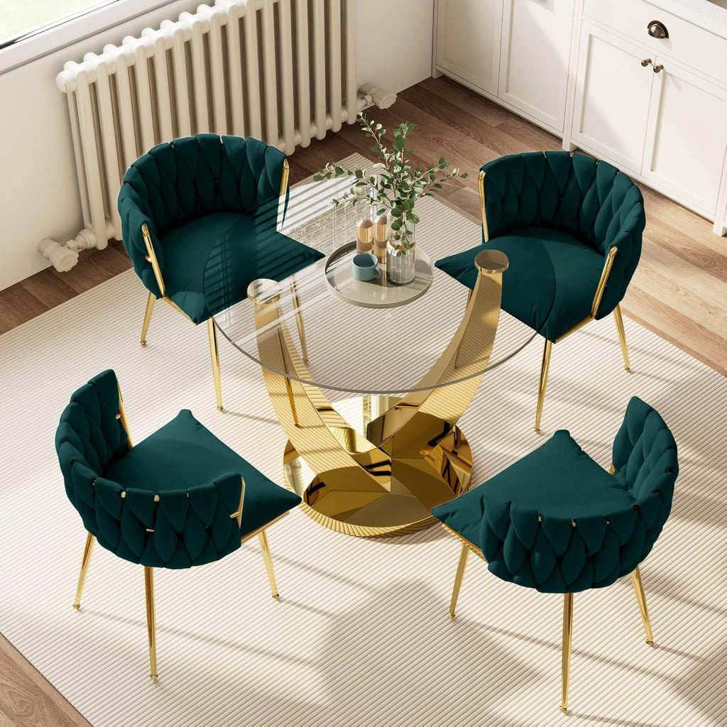 38.9" Round Glass Dining Table Set for 4, Modern Kitchen Table with 4 Upholstered Velvet Chairs, Tempered Glass Top with Golden Steel Base, 5 Pieces Dining Table Set for Small Space- Green