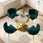 38.9" Round Glass Dining Table Set for 4, Modern Kitchen Table with 4 Upholstered Velvet Chairs, Tempered Glass Top with Golden Steel Base, 5 Pieces Dining Table Set for Small Space- Green
