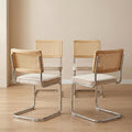 Rattan Dining Chairs Set of 4, Mid-Century Modern Dining Room Chairs with Cane Back, Velvet Upholstered Seat & Chrome Cantilever Frame, Sillas de Comedor, Kitchen & Dining Room Chairs (Beige)