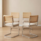 Rattan Dining Chairs Set of 4, Mid-Century Modern Dining Room Chairs with Cane Back, Velvet Upholstered Seat & Chrome Cantilever Frame, Sillas de Comedor, Kitchen & Dining Room Chairs (Beige)