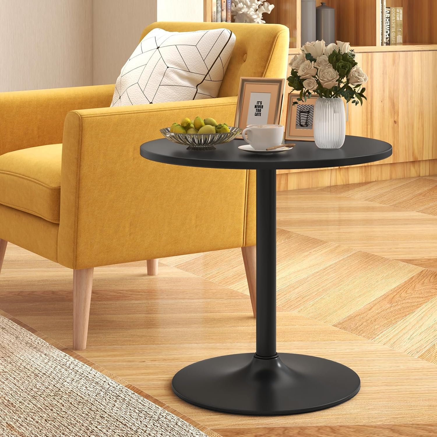 COSTWAY 3 Pieces Bar Table Set, Round Cocktail Table and PU Leather Adjustable Swivel Chairs, Modern Counter Height Furniture Set with 2 Bar Stools for Small Space, Kitchen, Office (White+Black)