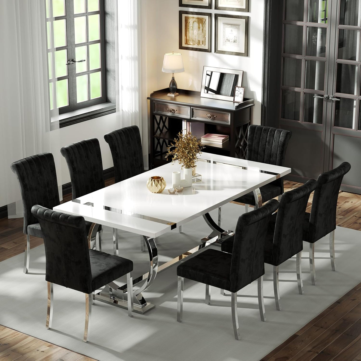 BQueen 78 inch White and Silver Dining Table for 4-8, Luxury Modern White Large Kitchen Table with Chrome Stainless Steel U-Base for Dining Room Kitchen Apartment