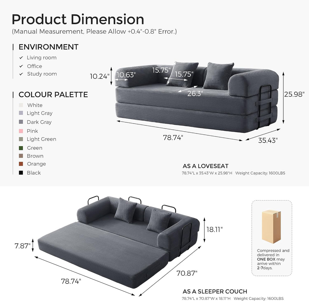 79" Convertible Futon Sofa Bed, Couch for Living Room | Dark Gray | Folding Corduroy Sleeper Sofa, Modular Futon Couch with Fixed-Shape Frame, Pull Out Couch No Assembly