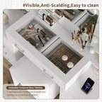 Yanosaku 55'' W Makeup Vanity with Mirror & Lights, 10 Drawers Vanity Desk with Charging Station, 6 Open Shelves, 3 Lighting Modes Brightness Adjustable, Glass Top Vanity with Chair for Bedroom, White