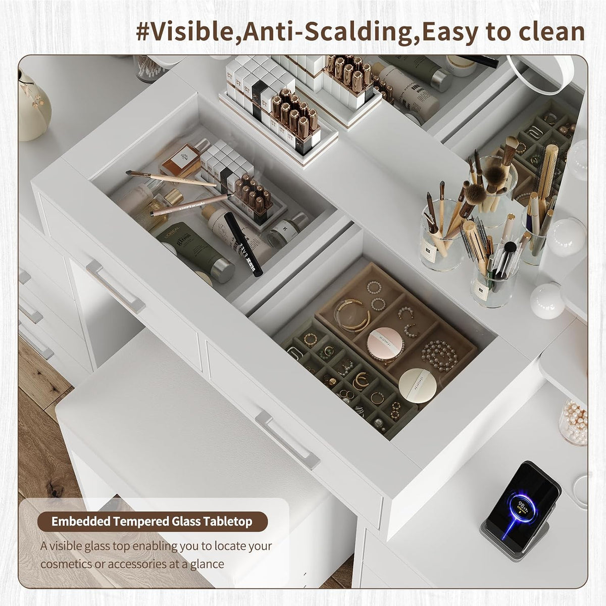 Yanosaku 55'' W Makeup Vanity with Mirror & Lights, 10 Drawers Vanity Desk with Charging Station, 6 Open Shelves, 3 Lighting Modes Brightness Adjustable, Glass Top Vanity with Chair for Bedroom, White