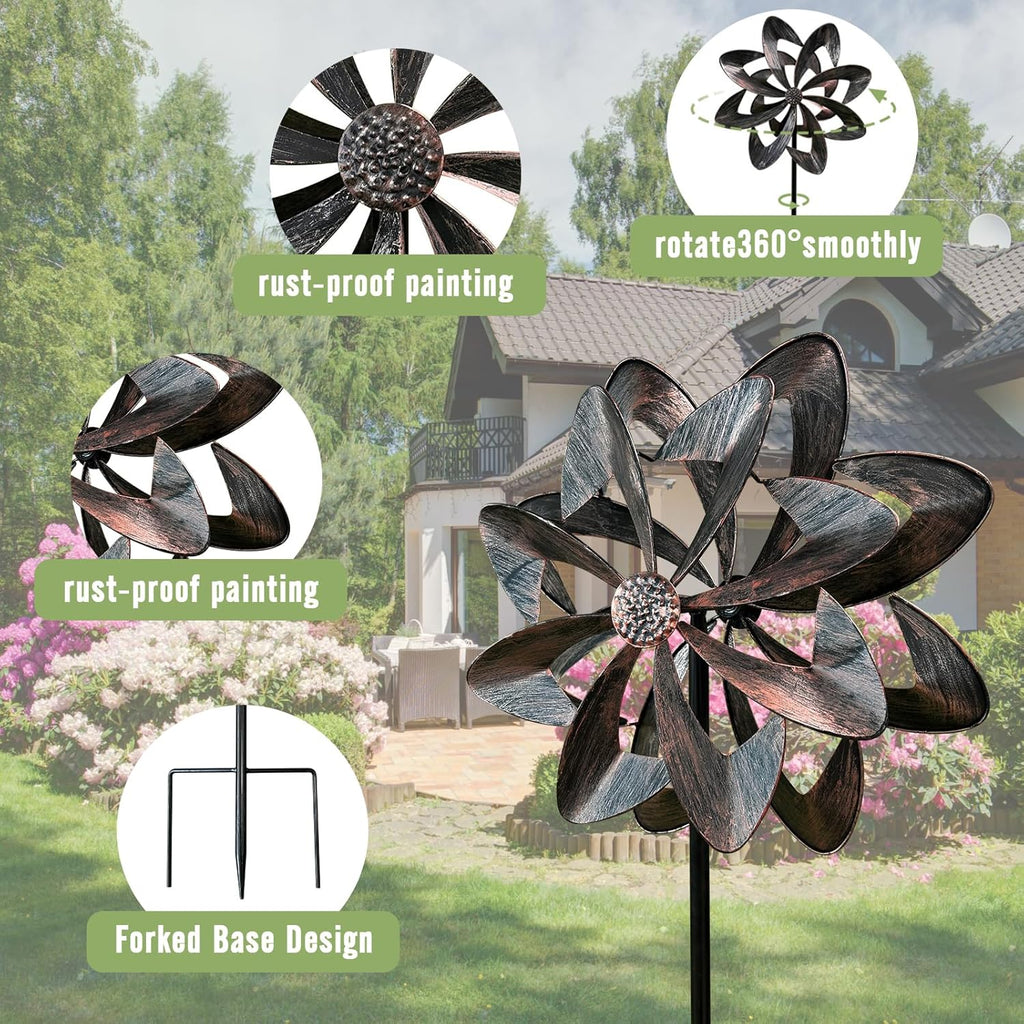 GUAGUA Classical Metal Wind Spinner Outdoor, 360 Degrees Swivel Wind Spinners for Yard and Garden, 74 in Wind Sculptures Willow Leaves Patio Decor (Bronze)